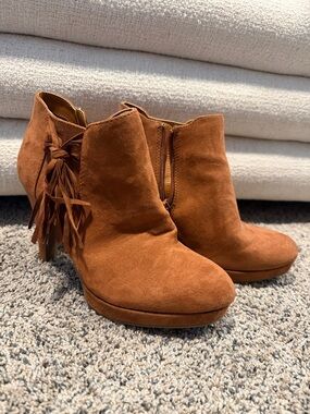 Unlisted Suede Tassel Ankle Booties — Rust Brown